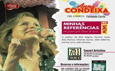 Devido ao sucesso nas apresentações anteriores, a cantora ANNA CONDEIXA foi convidada a se apresentar novamente no Beco das Garrafas com seu novo show Minhas Referências: Um Passeio pela Bossa do Beco
